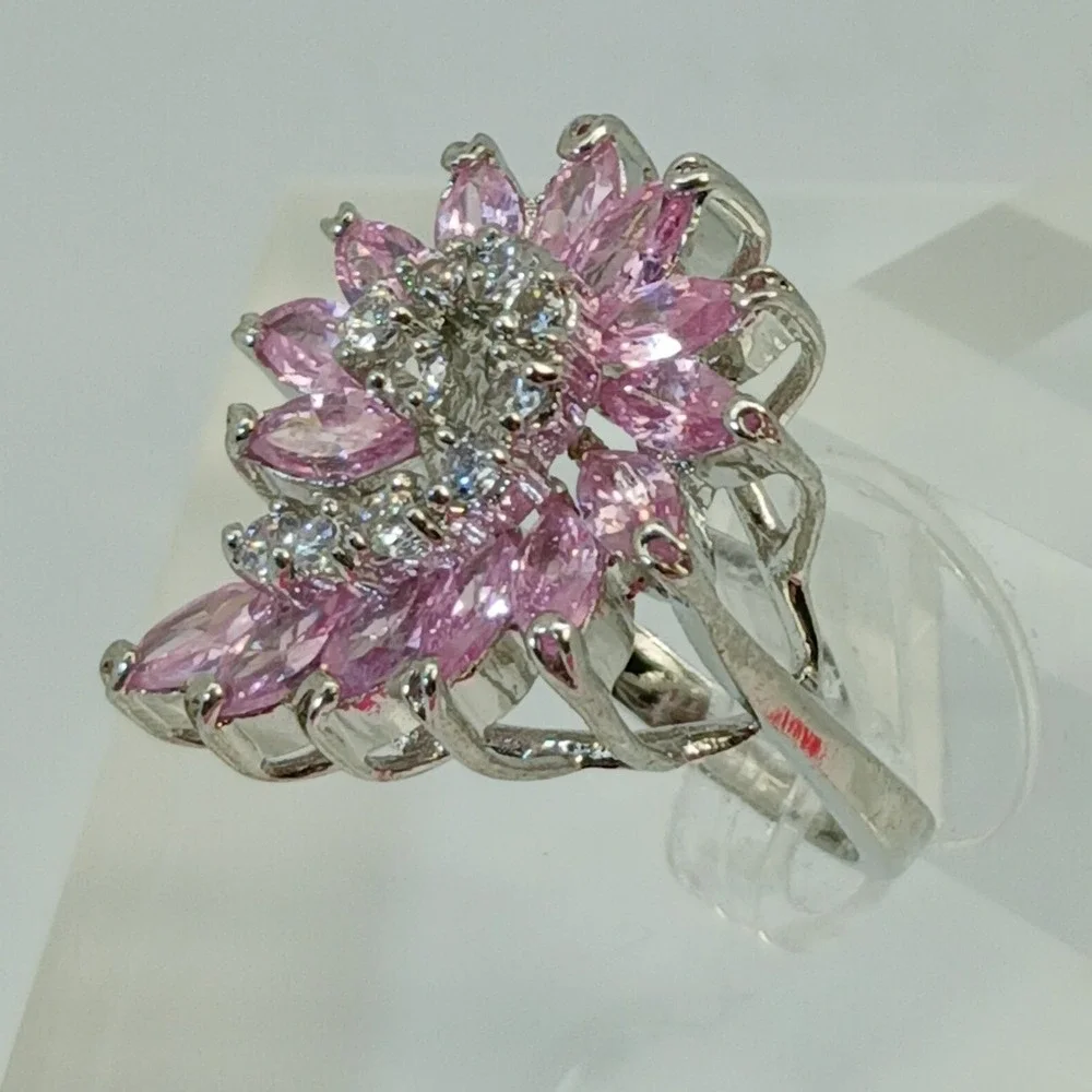 Vintage 1990s Pink Marquise Floral Swirl Cocktail Ring Silver Statement Size 8.5